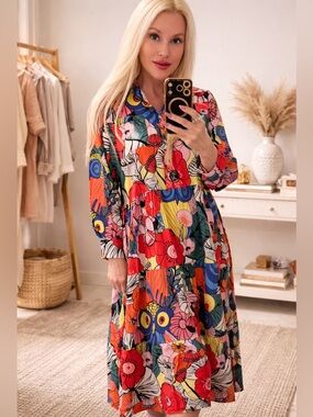 Multi Floral Loose Fit 3/4 Sleeves Tiered Collared Midi Dress! Handmade!